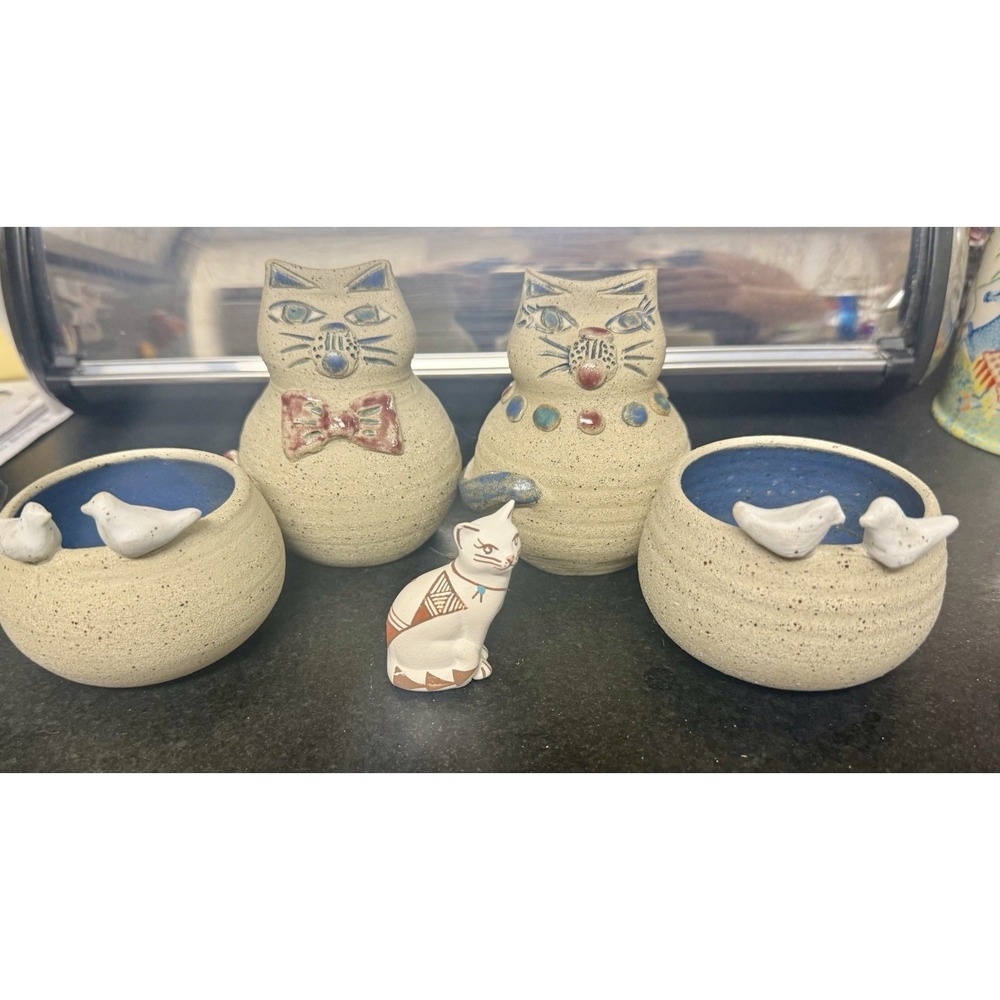 Vintage Studio Pottery Cat & Bird Bowl Lot Handmade Folk Art Stoneware 4 Pc